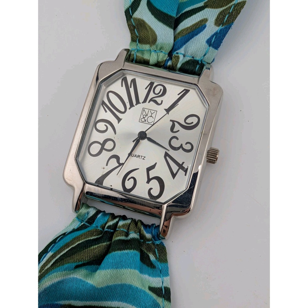 NY&C Women's Watch 35mm Case Blue Pattern Fabric Band- New Battery